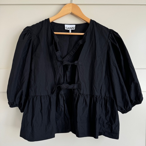 Ganni Cotton Poplin Peplum Tie Blouse - Picture 1 of 4